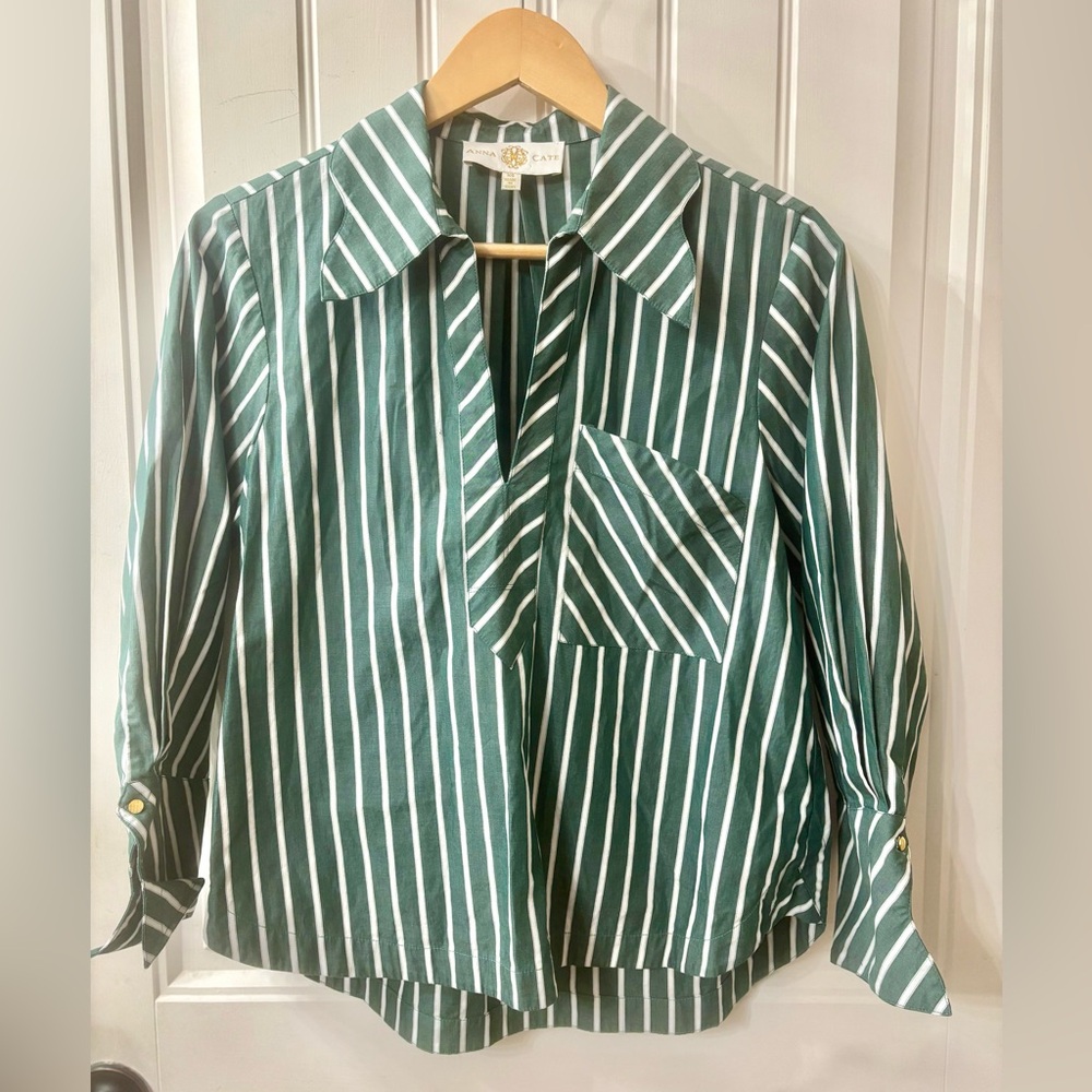 Anna Cate Lewis Top Green and White Striped Blouse